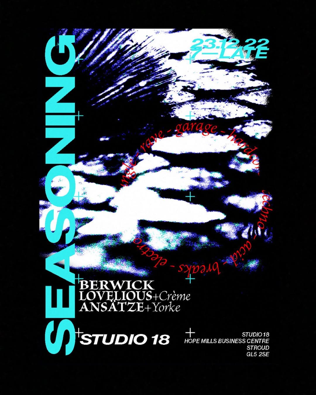 Poster for Seasoning event on 23.12.2022 at Studio 18 in Stroud